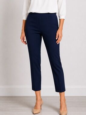 Susan Graver QVC Navy Ankle Pants 25” Inseam Large Pull-On Side Zip Career Wear